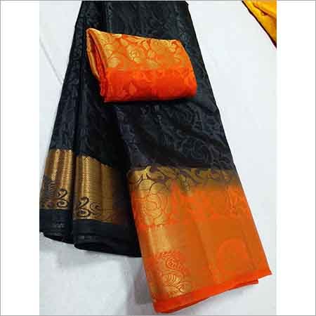 Kanchipuram Art Brasso Contrast Saree (Rose Peacock Design)